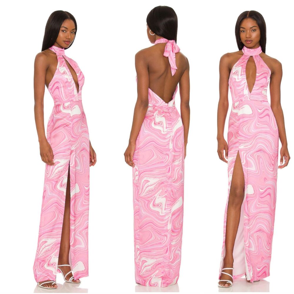 Amanda Uprichard x REVOLVE Idina Gown Halter Satin Maxi Dress Pink Swirl Sz S